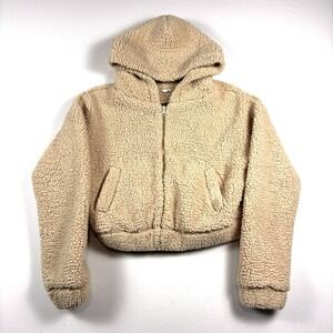 Nia Fleece Teddy Bear Cropped Zip Up Hoodie  Jacket Beige Women's M Sherpa Cozy
